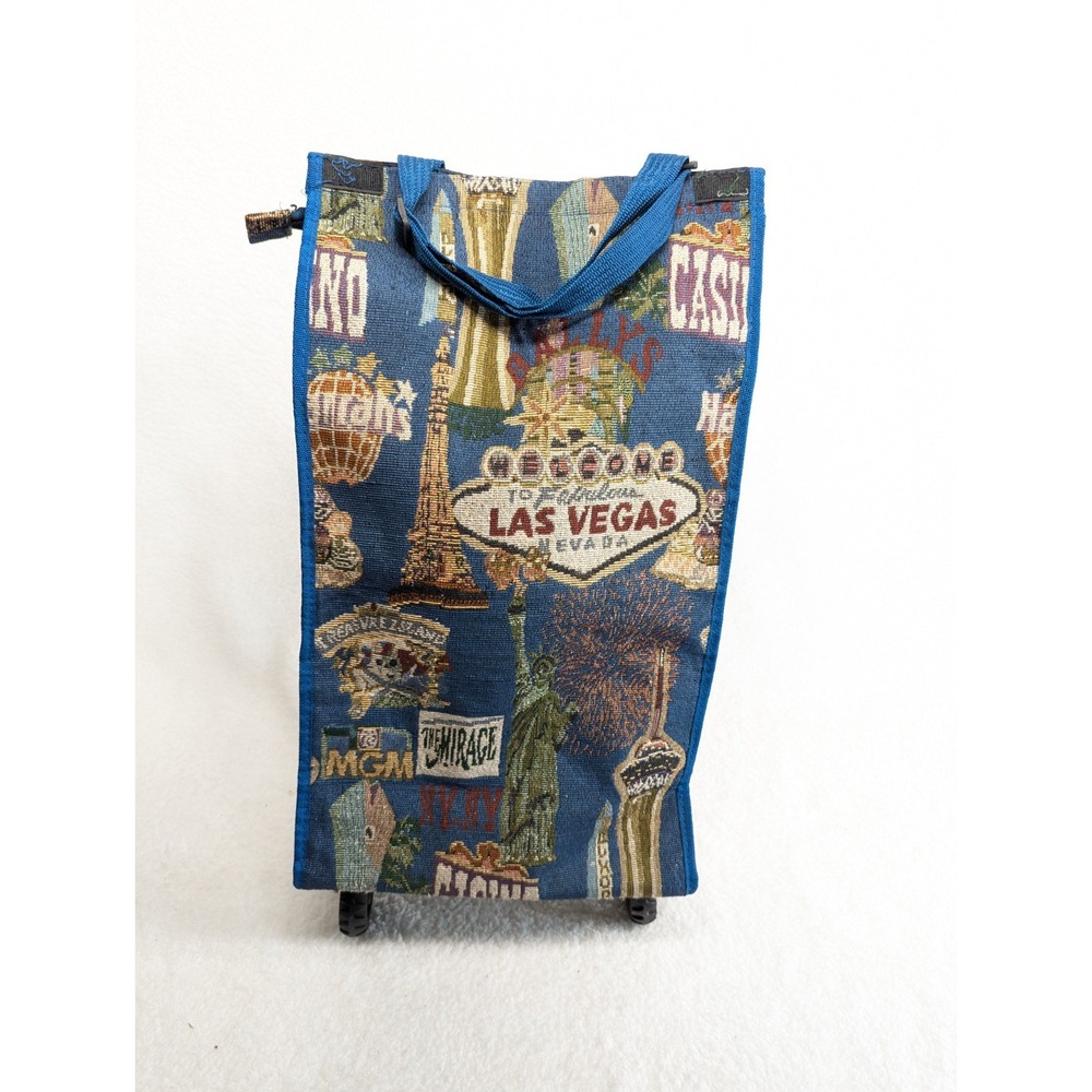 Vtg Novelty Las Vegas Folding Wheeled Canvas Tapestry Carry On Travel Bag 25"x7"